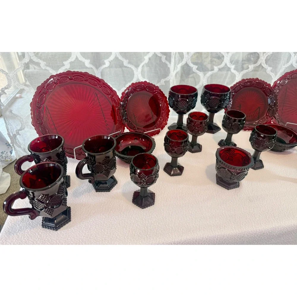 Vintage Avon 1876 Ruby Red Glass Dinnerware Set Plates Mugs Goblets Bowls